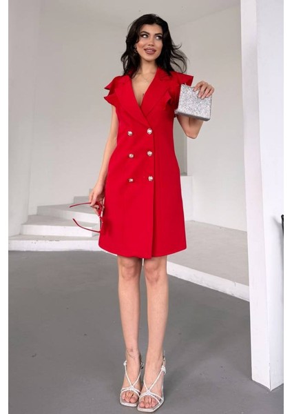 Kadın Elbise Kısa Kruvaze Yaka Volan Kol Fırfırlı Düğme Detaylı Ceket Elbise modelleri