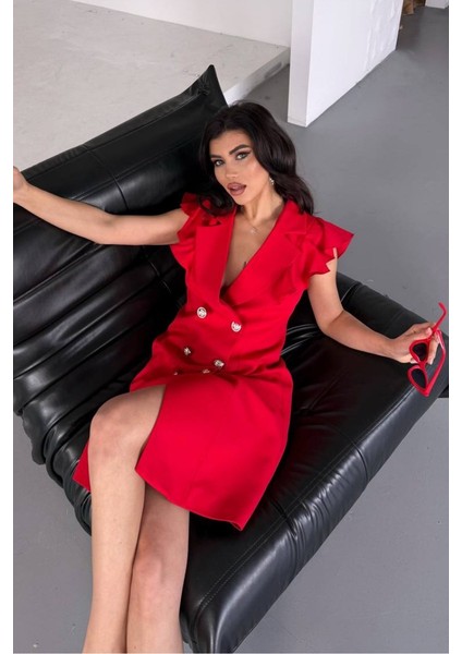 Kadın Elbise Kısa Kruvaze Yaka Volan Kol Fırfırlı Düğme Detaylı Ceket Elbise indirimleri