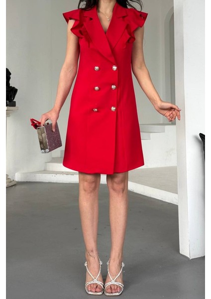 Kadın Elbise Kısa Kruvaze Yaka Volan Kol Fırfırlı Düğme Detaylı Ceket Elbise