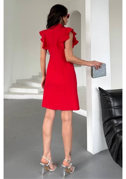 Kadın Elbise Kısa Kruvaze Yaka Volan Kol Fırfırlı Düğme Detaylı Ceket Elbise