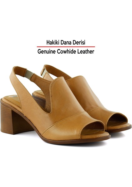 Emilia Taba Hakiki Dana Derisi Arkası Açık Lastik Bantlı Kalın Topuklu Rahat Günlük Sandalet indirimleri