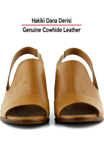 Emilia Taba Hakiki Dana Derisi Arkası Açık Lastik Bantlı Kalın Topuklu Rahat Günlük Sandalet