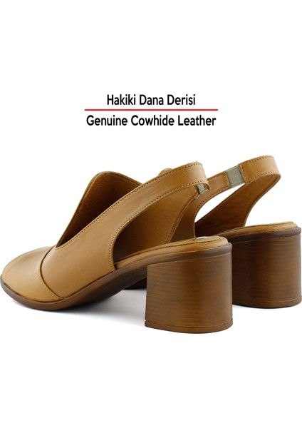 Emilia Taba Hakiki Dana Derisi Arkası Açık Lastik Bantlı Kalın Topuklu Rahat Günlük Sandalet