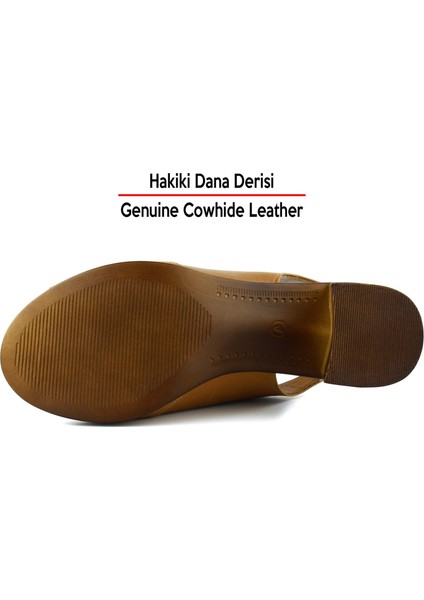 Emilia Taba Hakiki Dana Derisi Arkası Açık Lastik Bantlı Kalın Topuklu Rahat Günlük Sandalet