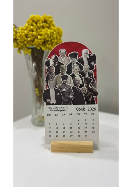 2026 Atatürk Takvimi Ahşap Ayaklı Atatürk Temalı Özel Tasarım Takvim, Atatürk 2026 Masa Takvim