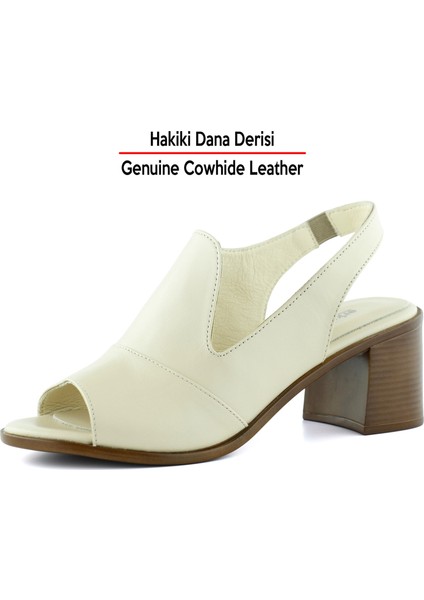 Emilia Bej Hakiki Deri Arkası Açık Lastik Bantlı Kalın Topuklu Rahat Günlük Sandalet fırsatları