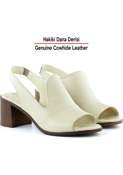 Emilia Bej Hakiki Deri Arkası Açık Lastik Bantlı Kalın Topuklu Rahat Günlük Sandalet indirimleri