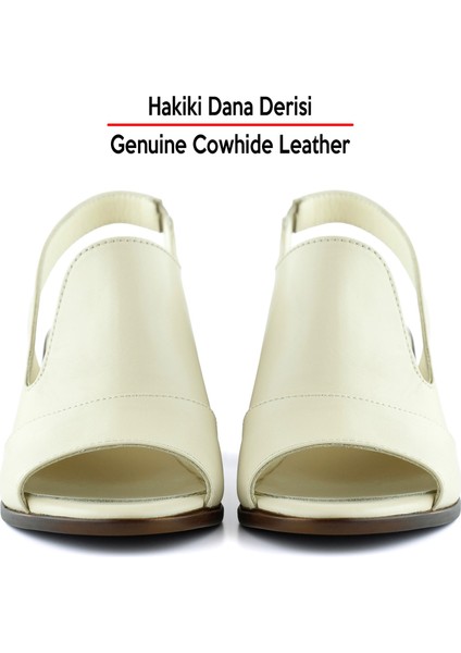 Emilia Bej Hakiki Deri Arkası Açık Lastik Bantlı Kalın Topuklu Rahat Günlük Sandalet