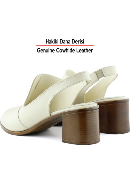 Emilia Bej Hakiki Deri Arkası Açık Lastik Bantlı Kalın Topuklu Rahat Günlük Sandalet