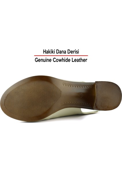 Emilia Bej Hakiki Deri Arkası Açık Lastik Bantlı Kalın Topuklu Rahat Günlük Sandalet