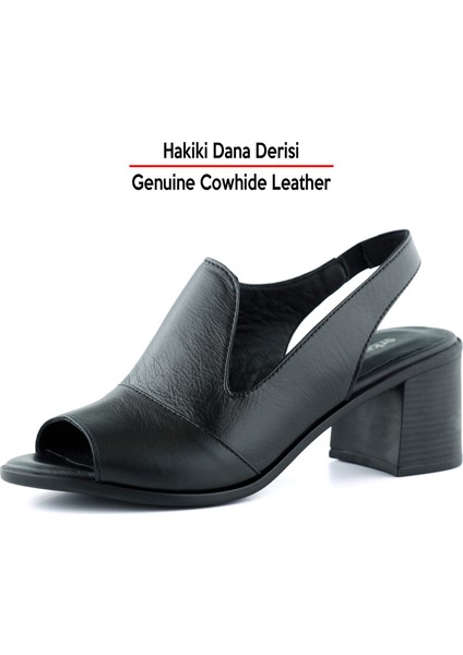 Emilia Siyah Hakiki Deri Arkası Açık Lastik Bantlı Kalın Topuklu Rahat Günlük Sandalet fırsatları