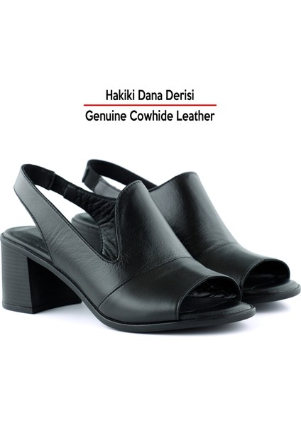 Emilia Siyah Hakiki Deri Arkası Açık Lastik Bantlı Kalın Topuklu Rahat Günlük Sandalet indirimleri