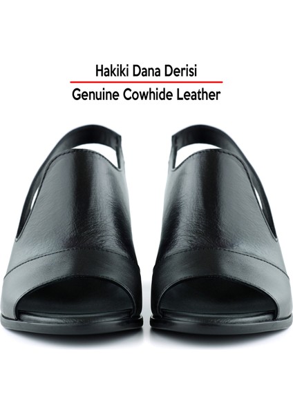 Emilia Siyah Hakiki Deri Arkası Açık Lastik Bantlı Kalın Topuklu Rahat Günlük Sandalet
