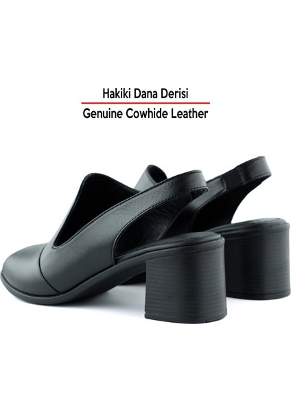 Emilia Siyah Hakiki Deri Arkası Açık Lastik Bantlı Kalın Topuklu Rahat Günlük Sandalet