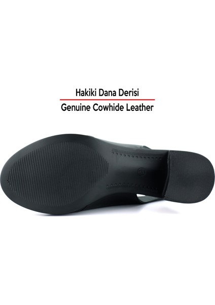 Emilia Siyah Hakiki Deri Arkası Açık Lastik Bantlı Kalın Topuklu Rahat Günlük Sandalet