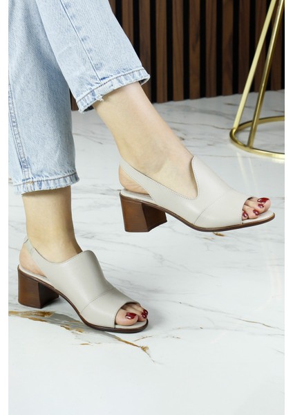 Emilia Vizon Hakiki Deri Arkası Açık Lastik Bantlı Kalın Topuklu Rahat Günlük Sandalet