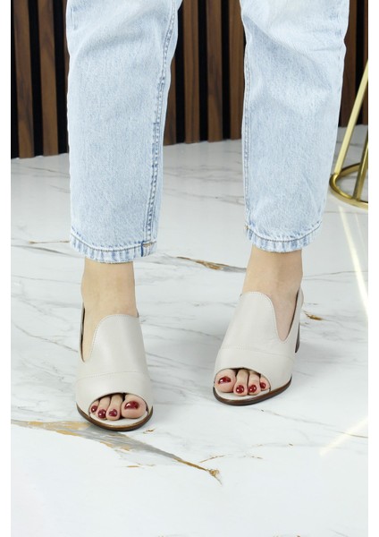 Emilia Vizon Hakiki Deri Arkası Açık Lastik Bantlı Kalın Topuklu Rahat Günlük Sandalet modelleri