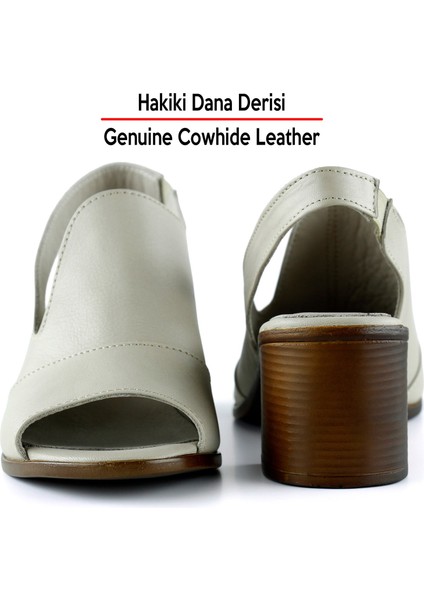 Emilia Vizon Hakiki Deri Arkası Açık Lastik Bantlı Kalın Topuklu Rahat Günlük Sandalet