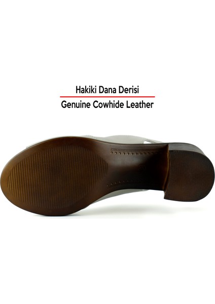 Emilia Vizon Hakiki Deri Arkası Açık Lastik Bantlı Kalın Topuklu Rahat Günlük Sandalet