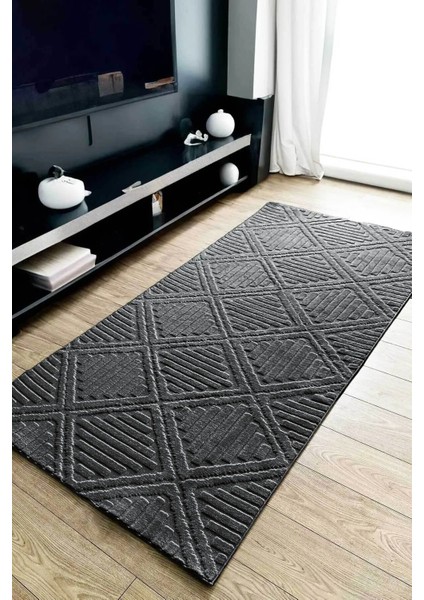 Hilda Iskandinav Dokuma Bukleli Premium Antrasit Puffy Peluş Yolluk Koridor Halısı Salon Halısı