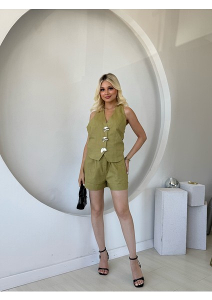 Premium Keten Yeşil Yelek Şort Takım