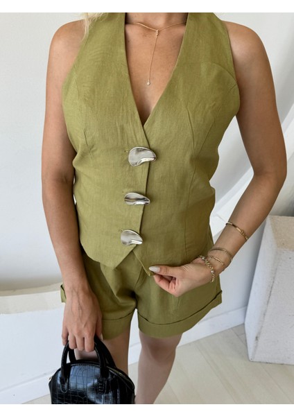 Premium Keten Yeşil Yelek Şort Takım modelleri