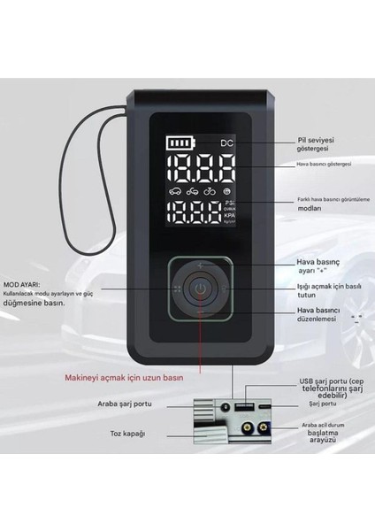 Akü Takviyeli 8000MAH Şarjlı Lastik Şişirme Pompası Hava Kompresörü Çantalı indirimleri