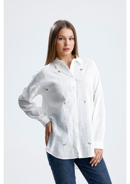 Elanor Organik Şantuklu Papatya Nakışlı Keten Gömlek fiyatları