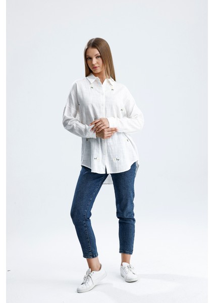 Elanor Organik Şantuklu Papatya Nakışlı Keten Gömlek indirimleri