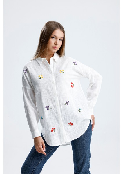 Elanor Organik Şantuklu Çiçek Nakışlı Keten Gömlek modelleri