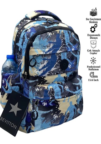 Su Itici Kumaş Okul Çantası Unisex Mavi-Simli Okul Sırt Çantası