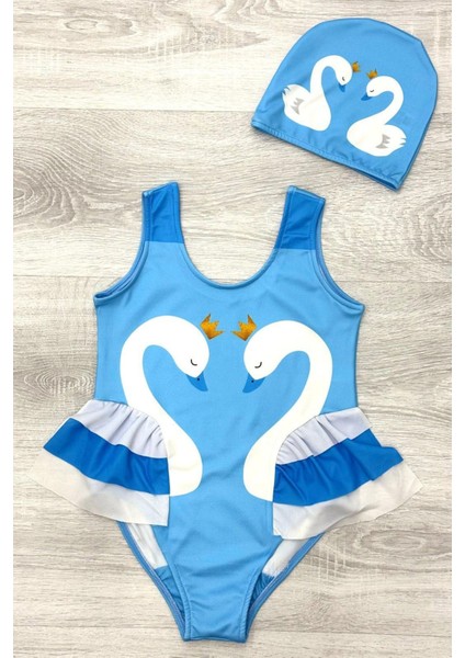 Zarif Kuğu Desenli Üç Kat Fırfır Detaylı Boneli Kız Çocuk Mayo