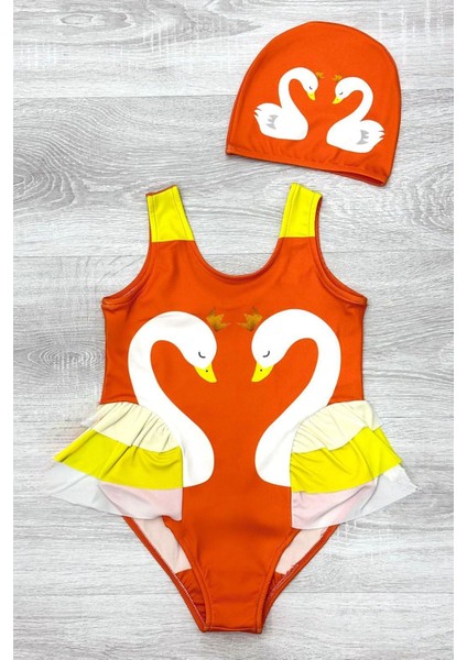 Zarif Kuğu Desenli Üç Kat Fırfır Detaylı Boneli Kız Çocuk Mayo