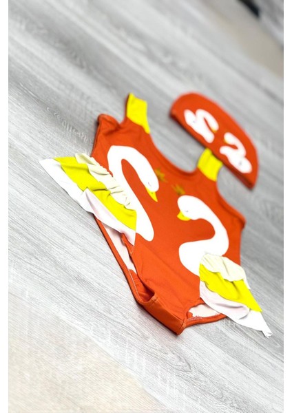 Zarif Kuğu Desenli Üç Kat Fırfır Detaylı Boneli Kız Çocuk Mayo fiyatları