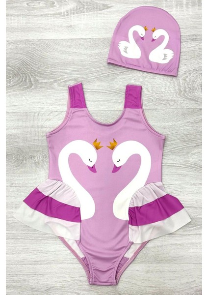 Zarif Kuğu Desenli Üç Kat Fırfır Detaylı Boneli Kız Çocuk Mayo