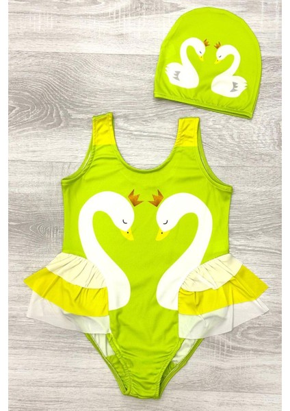 Zarif Kuğu Desenli Üç Kat Fırfır Detaylı Boneli Kız Çocuk Mayo