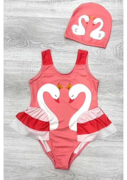 Zarif Kuğu Desenli Üç Kat Fırfır Detaylı Boneli Kız Çocuk Mayo