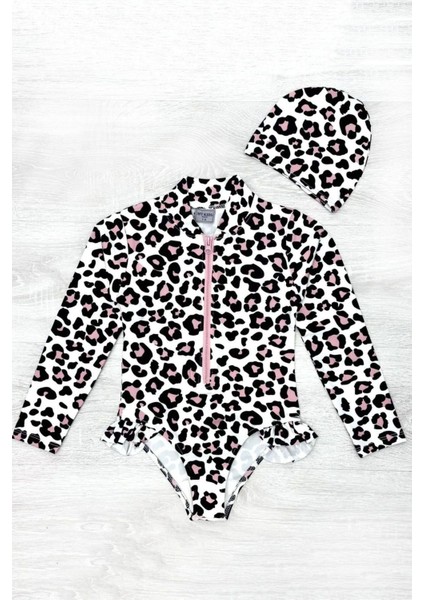 Fırfır Detaylı Leopar Desen Boneli Kız Çocuk Mayo
