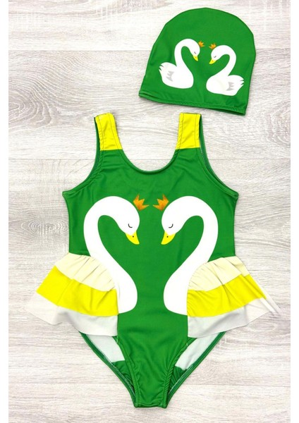 Zarif Kuğu Desenli Üç Kat Fırfır Detaylı Boneli Kız Çocuk Mayo