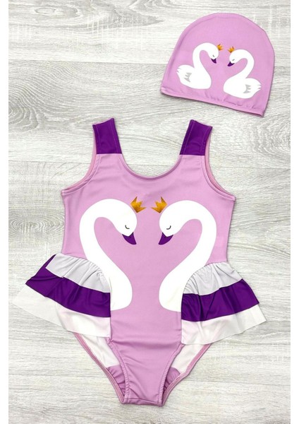 Zarif Kuğu Desenli Üç Kat Fırfır Detaylı Boneli Kız Çocuk Mayo