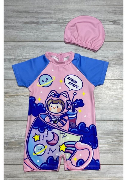 Çizgi Film Desenli Fermuarlı Boneli Kız Çocuk Mayosu