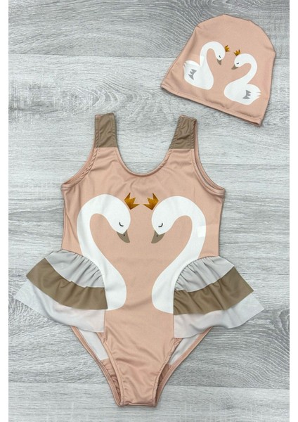 Zarif Kuğu Desenli Üç Kat Fırfır Detaylı Boneli Kız Çocuk Mayo