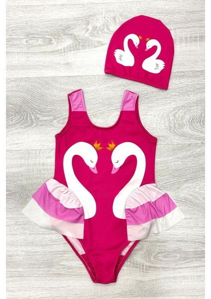 Zarif Kuğu Desenli Üç Kat Fırfır Detaylı Boneli Kız Çocuk Mayo