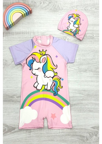 Dalgıç Kumaş Gizli Fermuarlı Boneli Karakter Desenli Kız Çocuk Mayo