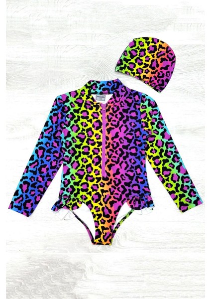 Fırfır Detaylı Leopar Desen Boneli Kız Çocuk Mayo