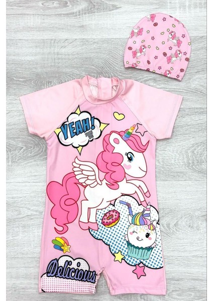 Çizgi Film Desenli Fermuarlı Boneli Kız Çocuk Mayosu