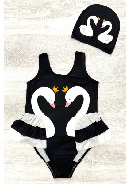 Zarif Kuğu Desenli Üç Kat Fırfır Detaylı Boneli Kız Çocuk Mayo