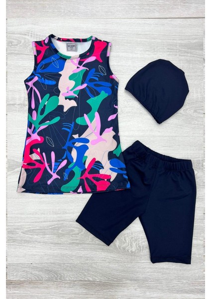 Üç Parça Kız Çocuk Kısa Şortlu Mayo