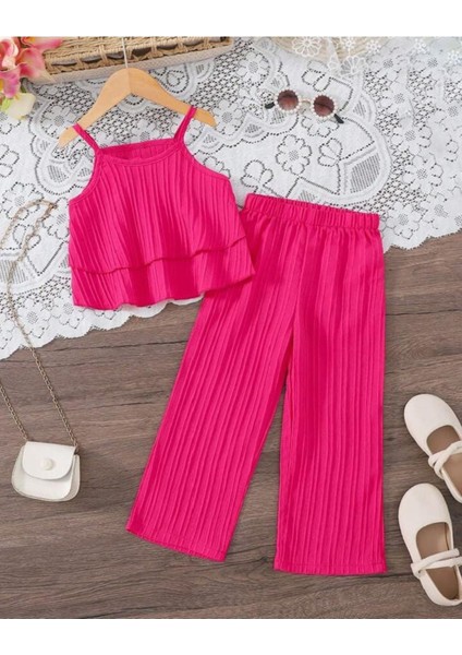Kız Çocuk Yazlık Takım Rahat ve Şık Tasarım Pamuklu Kolsuz Pembe