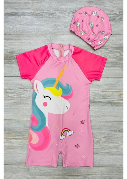 Çizgi Film Desenli Fermuarlı Boneli Kız Çocuk Mayosu